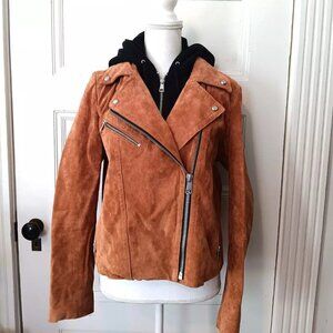 7 For All Mankind Leather Suede Moto Jacket Remove-able Hood Cognac / Black